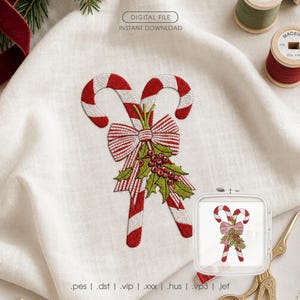 Candy Cane Machine Embroidery Design, Christmas Bow Digitized Stitch File, Holiday Holly Berries Embroidery Pattern PES DST
