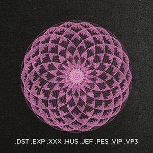 May include: A pink and white geometric mandala design with a circular pattern. The design is intricate and detailed, with a central flower-like shape.