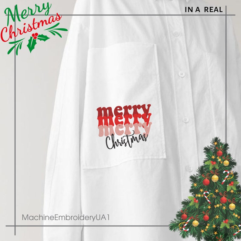 May include: A white button-down shirt featuring an embroidered design on the chest pocket. The text reads merry merry merry Christmas in stacked red, pink, and black lettering. A small Christmas tree graphic is in the bottom corner.