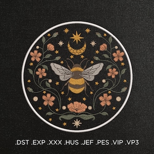 Bee and Moon on dark background machine embroidery design - Butterfly and Moon embroidery files - 8 sizes - Instant download - 515