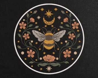 Bee and Moon on dark background machine embroidery design - Butterfly and Moon embroidery files - 8 sizes - Instant download - 515