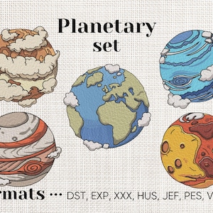 Maskinbroderimönster för planeter, broderidesign för solsystemet, digitalt broderi för jorden, Mars Jupiter Saturnus Uranus, gör-det-själv-väggdekor