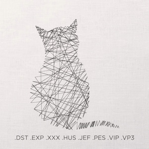 Puede incluir: Una ilustración en blanco y negro de un gato sentado con la cola enroscada detrás de él. El gato está hecho de muchas líneas que se cruzan.