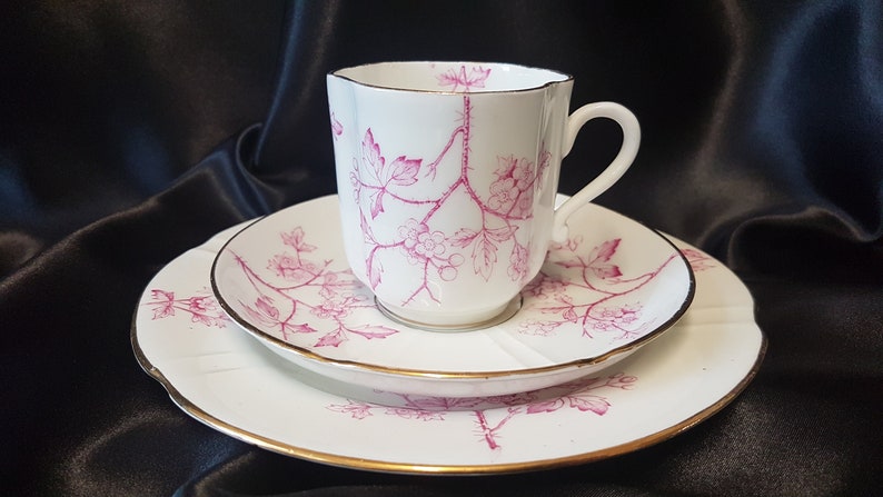 May include: A white teacup and saucer set with a pink floral design. The cup has a scalloped rim and a handle. The saucer has a gold trim.