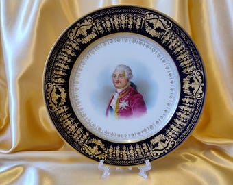 Antique Sevres Style Portrait Plate, King Louis XVI Cobalt Blue