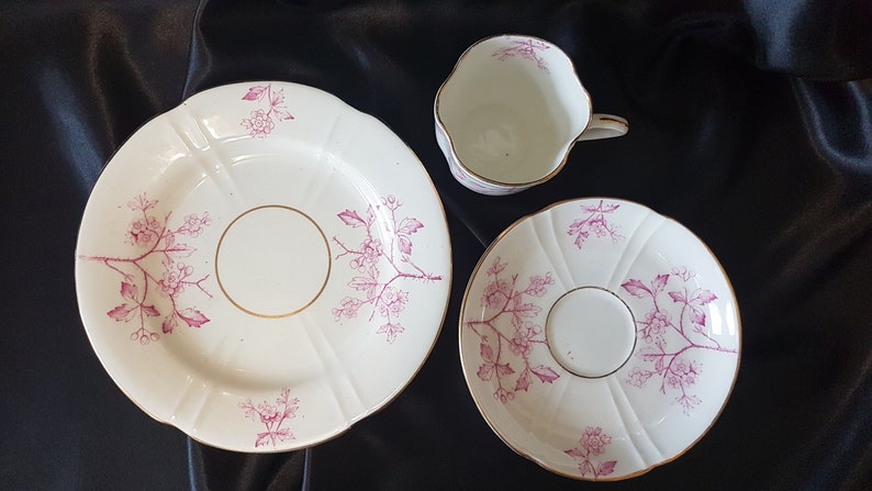 May include: A set of three white porcelain teacups and saucers with a pink floral design. The cups and saucers have a gold trim.