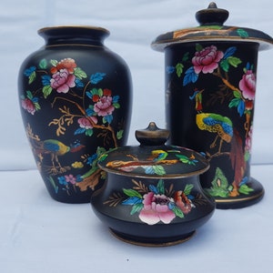 Crown Devon Fielding’s, Chelsea.  Three-Piece Set. Vase, Lidded Jar, Trinket Container.  Stoke-on-Trent, Staffordshire, England.