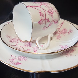 May include: A white teacup and saucer set with a pink floral pattern. The cup and saucer have a gold trim around the edge.