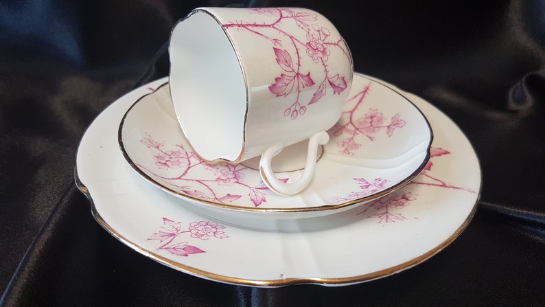 May include: A white teacup and saucer set with a pink floral pattern. The cup and saucer have a gold trim around the edge.
