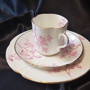 May include: A white teacup and saucer set with a pink floral pattern. The saucer has a gold trim around the edge.