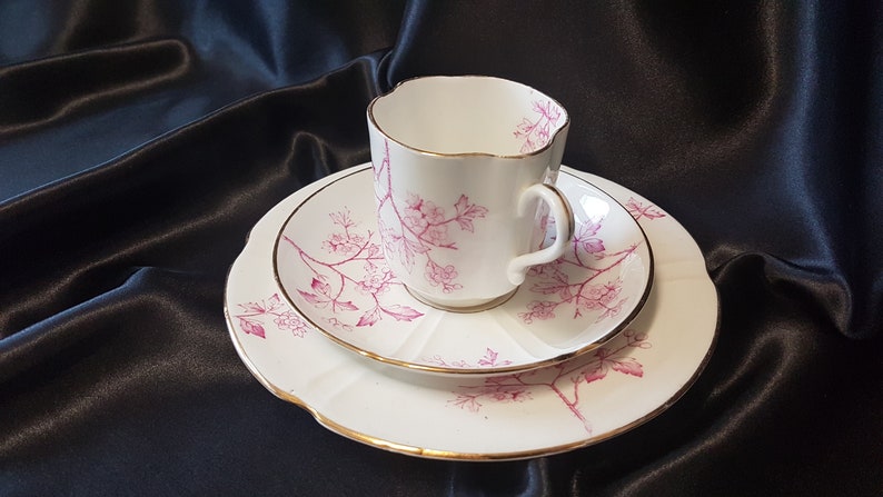 May include: A white teacup and saucer set with a pink floral pattern. The saucer has a gold trim around the edge.