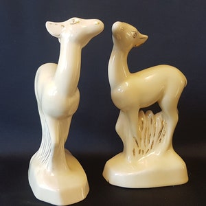 Pair of Vintage Porcelain Deer Ornaments / Figurines. Signed by Jean.