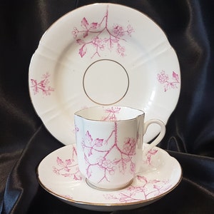 May include: A white teacup and saucer set with a pink floral pattern. The saucer has a scalloped edge and the cup has a delicate floral design.
