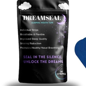 Peut inclure: Un paquet de 30 bandes adhésives buccales Dreamseal bleues pour dormir. Le paquet porte le texte "Dreamseal Sleeping Mouth Tape" et "Seal in the silence, unlock the dreams".