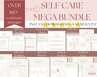 May include: A digital download bundle of over 160 self-care worksheets and pages. The bundle includes checklists, goal setting sheets, worksheets, trackers, planners, journal prompts, and gratitude pages. The title of the bundle is "Self Care Mega Bundle" and it is rated 5 stars.