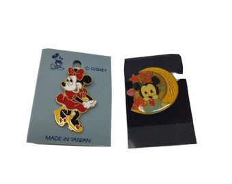 Mickey And Minnie Lapel Pins Vintage Disney Mickey with Moon/Stars Minnie Posing
