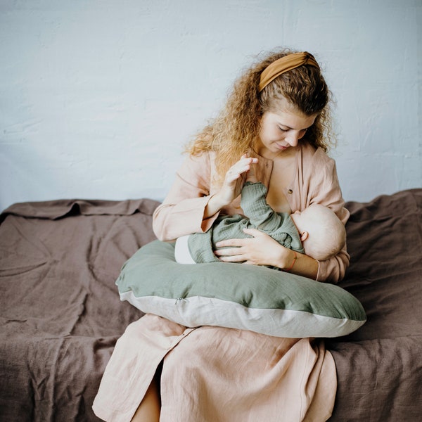 Natural Nursing Pillow with a Zipper, Linen Breastfeeding Pillow