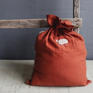 Linen Pouch with hand embroidery, Toy storage bag, Zero waste drawstring bag