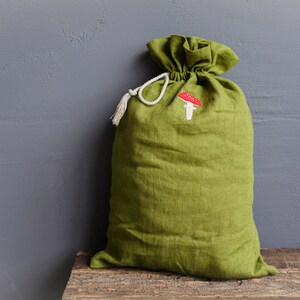 Linen Pouch with hand embroidery, Toy storage bag, Zero waste packing bag