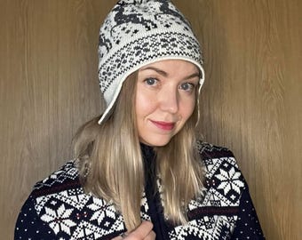 White Wool Hat with Ears | Nordic Reindeer Knit Hat | Winter Beanie | Handmade for Him or Her