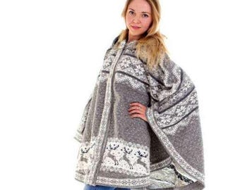 Wool Poncho with Hood: Nordic Deer Cape, Buttoned Cardigan