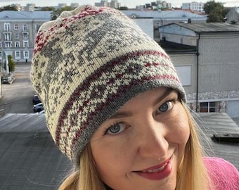White Wool Hat | Nordic Reindeer Knit Hat | Warm Lined Winter Beanie | Handmade Wool Hat for Him or Her