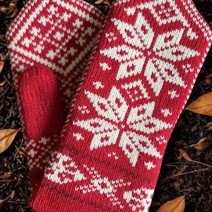 Può includere: Un paio di guanti rossi lavorati a maglia con motivi a fiocco di neve e geometrici bianchi. I guanti sono appoggiati su un letto di foglie marroni e terra scura, che mostra un tema invernale.