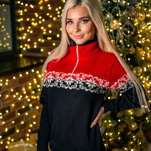 Wool Knitted Sweater: Fleece Collar, Scandic Pattern, Black and Red