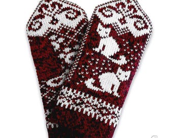 Lambswool Double Knit Mittens: Bordeaux & White Cat Pattern, Size M