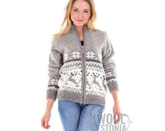 Lambswool Cardigan: Women's Grey Wool Sweater with Deer Pattern