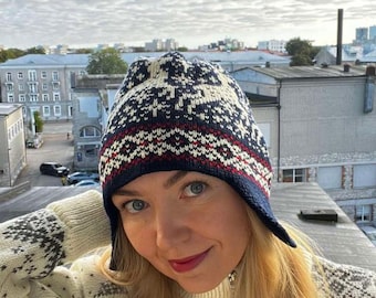 Nordic Reindeer Knit Wool Hat with Ear Flaps | Winter Beanie