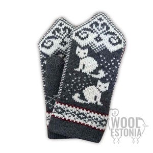 Woolen mittens with a &quot;Cat&quot; pattern, very warm double knitted mittens in grey color with white pattern, WoolEstonia