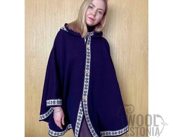 フード付き暖かい冬用ポンチョ/ハンドメイド/女性用ケープ/天然ウール