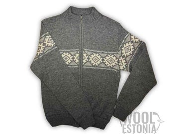 Suéter de lana merino con cremallera para hombre: Cárdigan nórdico gris