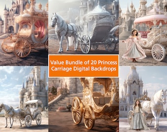Value Bundle of 20 Princess Carriage Digital Backdrop, Kids Girl Studio Portrait, Photoshop Overlay Studio Coach Background, Princess Castle
