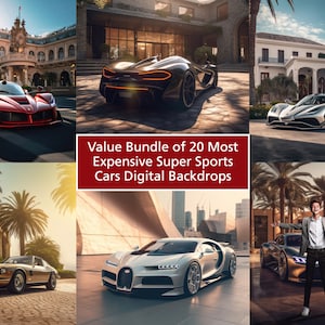 Może przedstawiać: Kolaż zdjęć przedstawiający różne luksusowe samochody sportowe w różnych sceneriach. Tekst "Value Bundle of 20 Most Expensive Super Sports Cars Digital Backdrops" jest wyświetlany w środku obrazu.