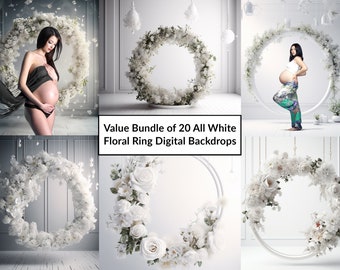 Value Bundle of 20 White Floral Ring Digital Backdrop, Hanging Floral Hoop Background Overlay, Maternity Digital Backdrops for Photoshop