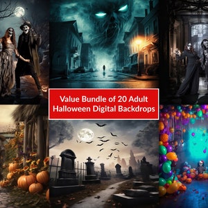 Waardebundel van 20 volwassen Halloween-achtergronden, spookhuis pompoen vogelverschrikker Photoshop Overlay portret Studio achtergrond, digitale download