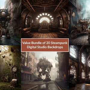 May include: A collage of 20 digital steampunk backdrops featuring various scenes, including a woman in a steampunk outfit standing in front of a large mechanical vehicle, a clock tower with gears and cogs, and a robot walking down a cobblestone street.