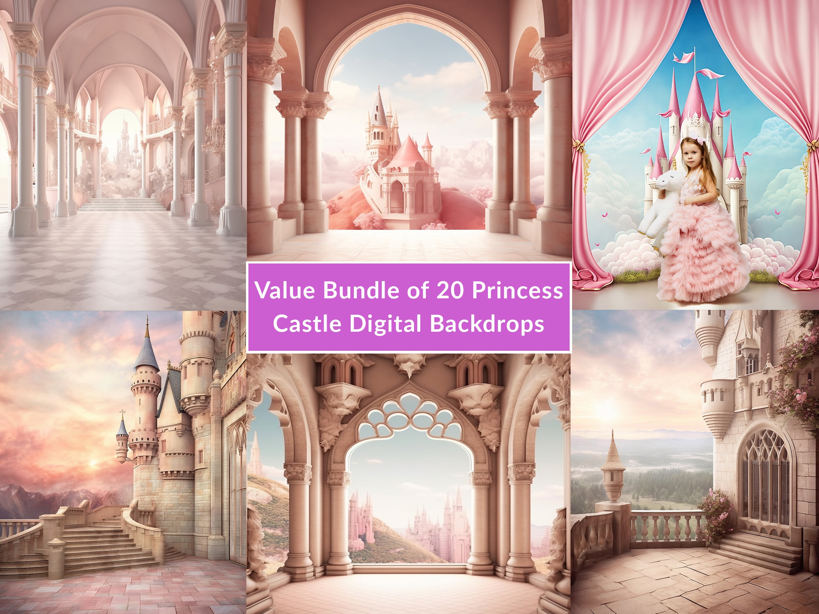 Value Digital Background Bundle Princess Castle Backdrop Magic Fairy Tale Background Portrait Studio Photoshop Overlay Kids Girl Birthday