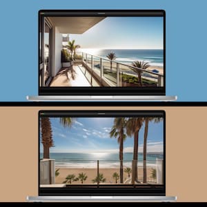 May include: Two laptop screens displaying images of a balcony overlooking the ocean. The top screen shows a balcony with a view of the ocean and beach. The bottom screen shows a balcony with a view of the ocean and palm trees.