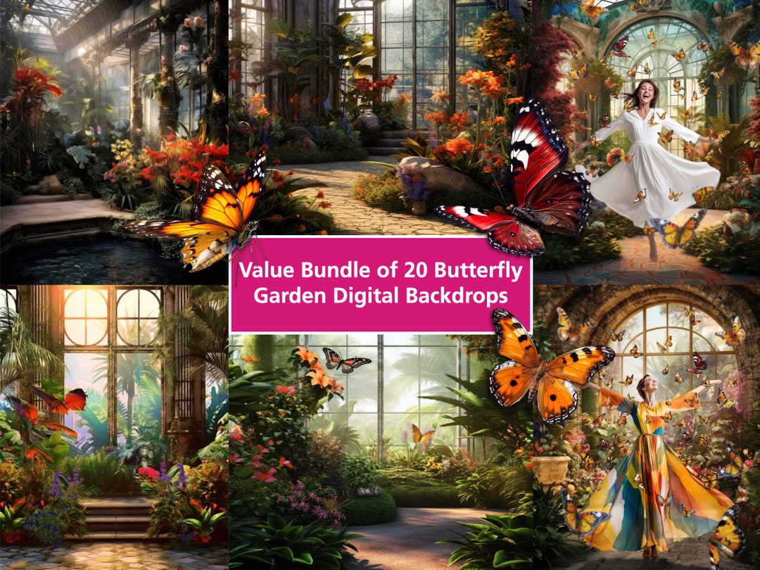 Value Bundle of 20 Butterfly Garden Digital CG Backdrops, Exotic Floral ...