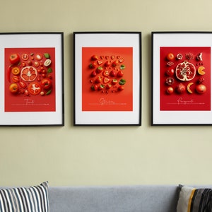 Impressão de pôster de comida em 3 peças, arte de parede de cozinha para impressão, decoração de casa moderna, impressão de frutas, decoração de cozinha, arte de parede tríptico, impressões minimalistas