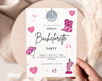 May include: A white invitation card with a bachelorette party theme. The card features illustrations of a disco ball, cowboy boots, hearts, and a cactus. Text includes "Emma's Bachelorette Party" and event details.