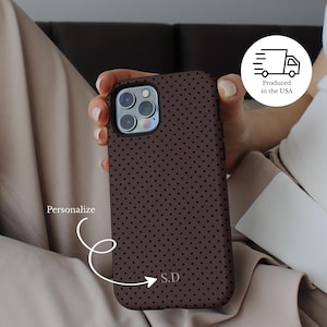 Polka Dot Tough Phone Case with Custom Initials, Personalized Brown and Black Cover, Strong Phone Protection, Monogrammed Cell Phone Case,