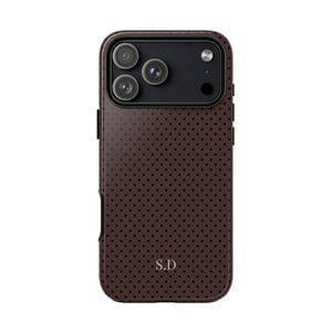 Polka Dot Tough Phone Case with Custom Initials, Personalized Brown and Black Cover, Strong Phone Protection, Monogrammed Cell Phone Case,