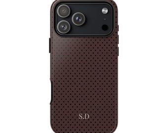 Polka Dot Tough Phone Case with Custom Initials, Personalized Brown and Black Cover, Strong Phone Protection, Monogrammed Cell Phone Case,