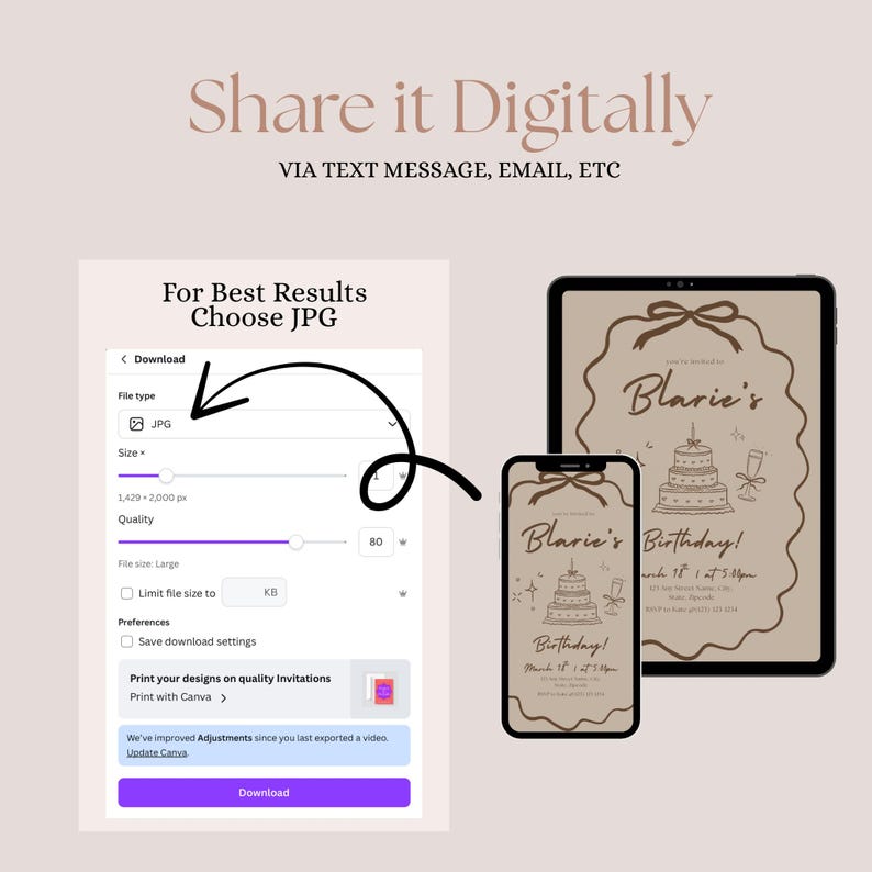 Birthday Digital Invitation Template: Modern Beige and Brown Bow Design ...