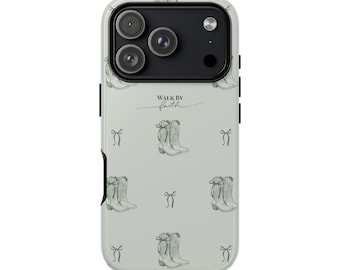 Capa protetora dupla para celular com estampa de botas western sálvias, estilo cowgirl cristã "Walk by Faith".