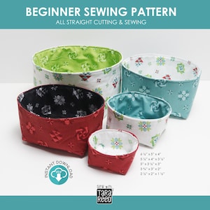 Op de afbeelding: Een set van vijf stoffen opbergmanden in verschillende maten en kleuren, waaronder rood, groen en blauwgroen. De manden hebben een voering met patronen en zijn gelabeld met afmetingen in centimeters. De tekst op de afbeelding luidt "BEGINNER SEWING PATTERN".
